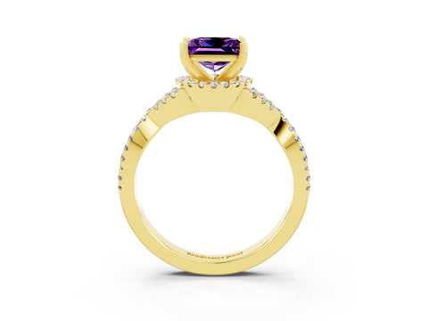 Yellow gold Princess Cut Amethyst Halo Twist Band Solitaire Prong Setting Ring_3