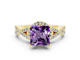 Yellow gold Princess Cut Amethyst  Halo Twist Band Solitaire Prong Setting Ring_42