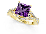 Yellow gold Princess Cut Amethyst  Halo Twist Band Solitaire Prong Setting Ring_43