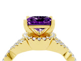 Yellow gold Princess Cut Amethyst  Halo Twist Band Solitaire Prong Setting Ring_46