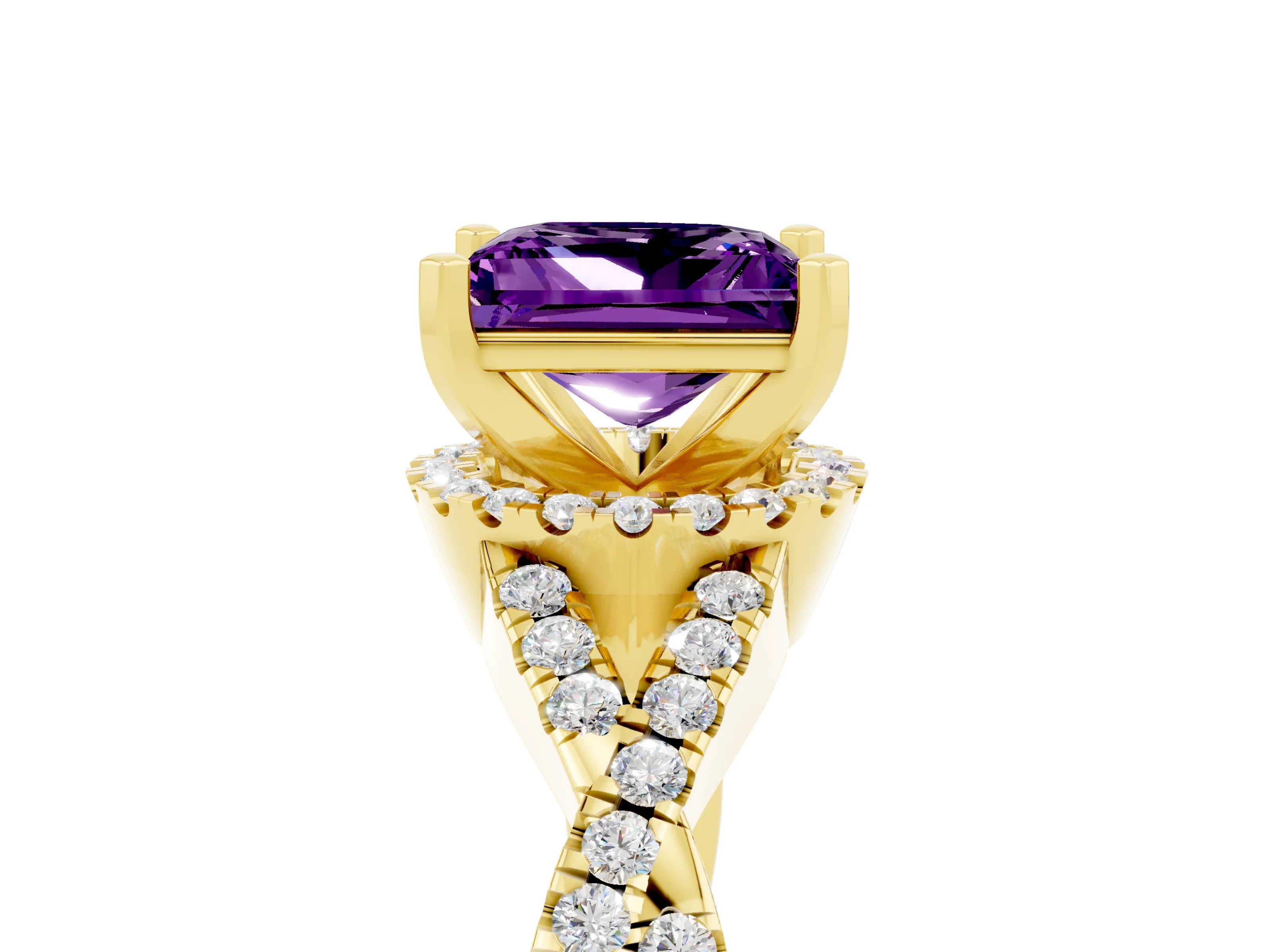 Yellow gold Princess Cut Amethyst Halo Twist Band Solitaire Prong Setting Ring_5