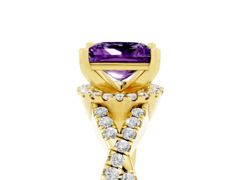 Yellow gold Princess Cut Amethyst Halo Twist Band Solitaire Prong Setting Ring_5