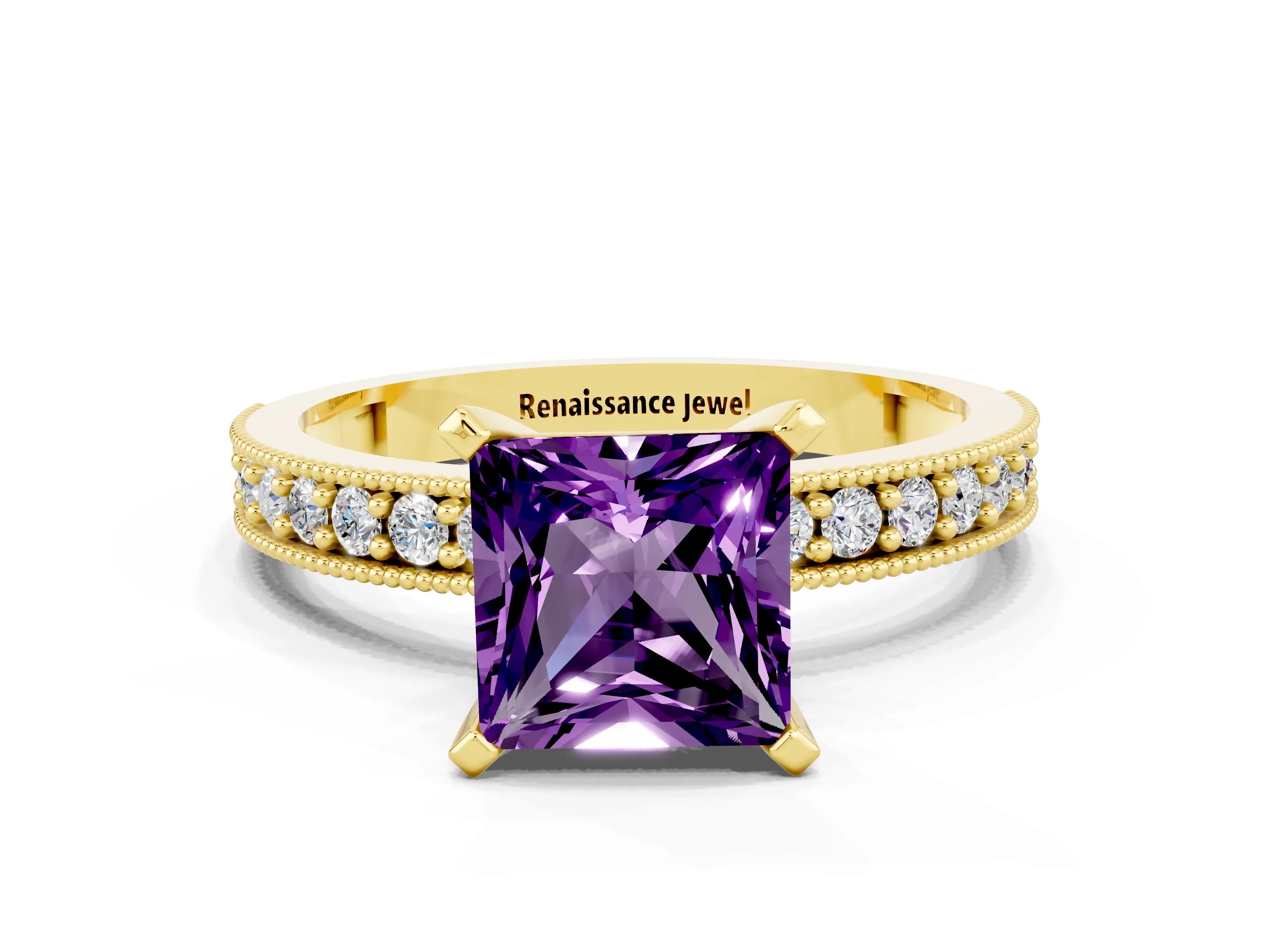 Yellow gold Princess Cut Amethyst Milgrain Pavé Engagement Ring with Four-Prong Setting_12