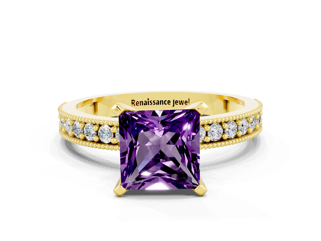 Yellow gold Princess Cut Amethyst Milgrain Pavé Engagement Ring with Four-Prong Setting_12