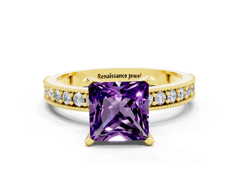Yellow gold Princess Cut Amethyst Milgrain Pavé Engagement Ring with Four-Prong Setting_12