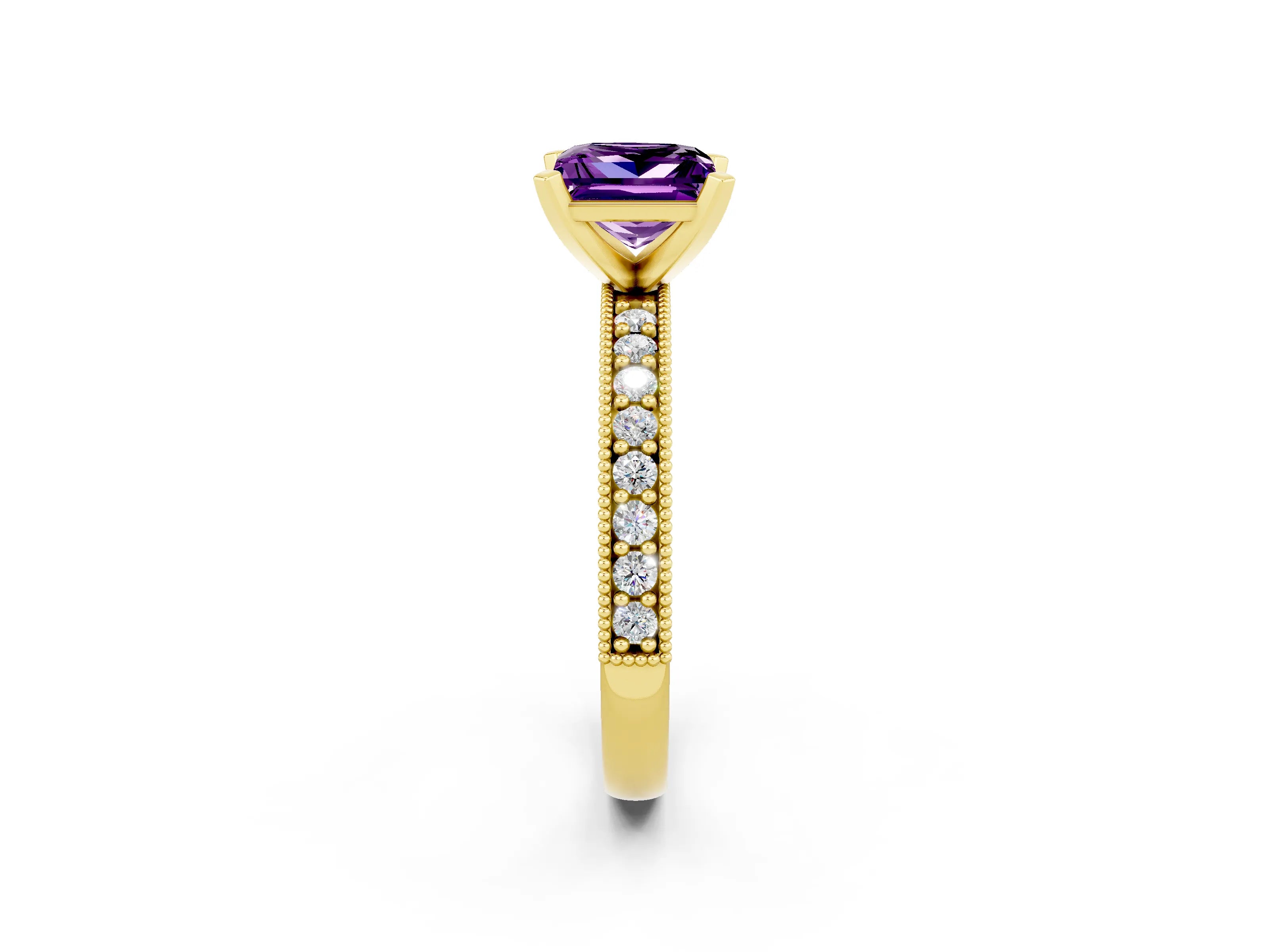 Yellow gold Princess Cut Amethyst Milgrain Pavé Engagement Ring with Four-Prong Setting_14