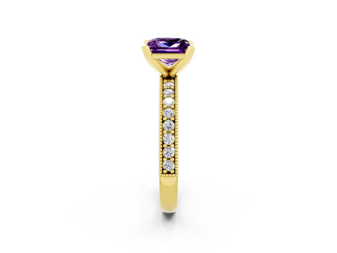 Yellow gold Princess Cut Amethyst Milgrain Pavé Engagement Ring with Four-Prong Setting_14