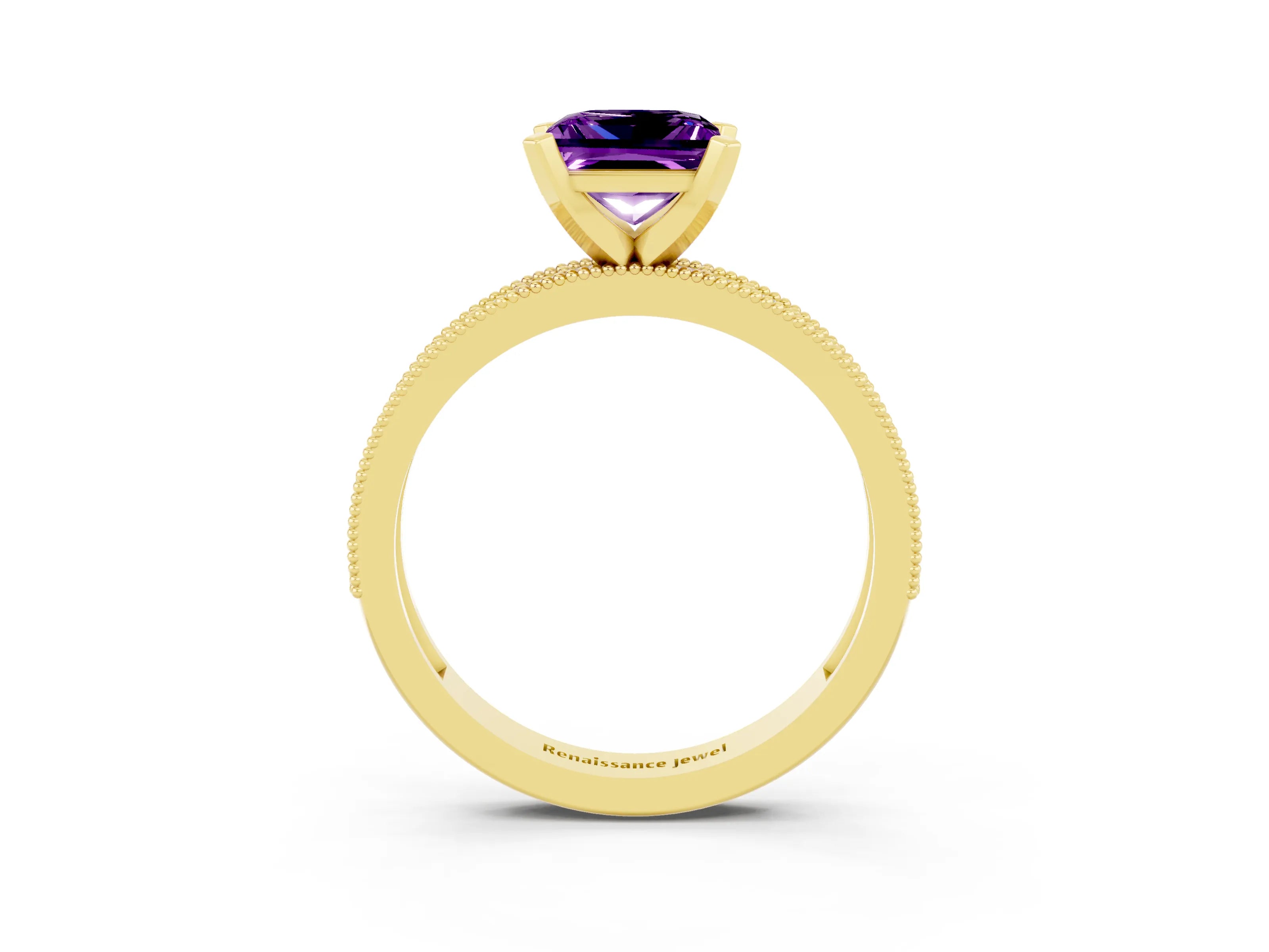 Yellow gold Princess Cut Amethyst Milgrain Pavé Engagement Ring with Four-Prong Setting_15