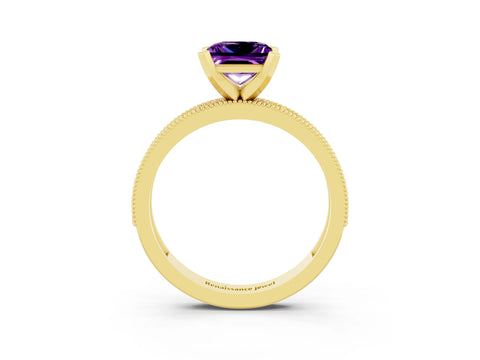 Yellow gold Princess Cut Amethyst Milgrain Pavé Engagement Ring with Four-Prong Setting_15