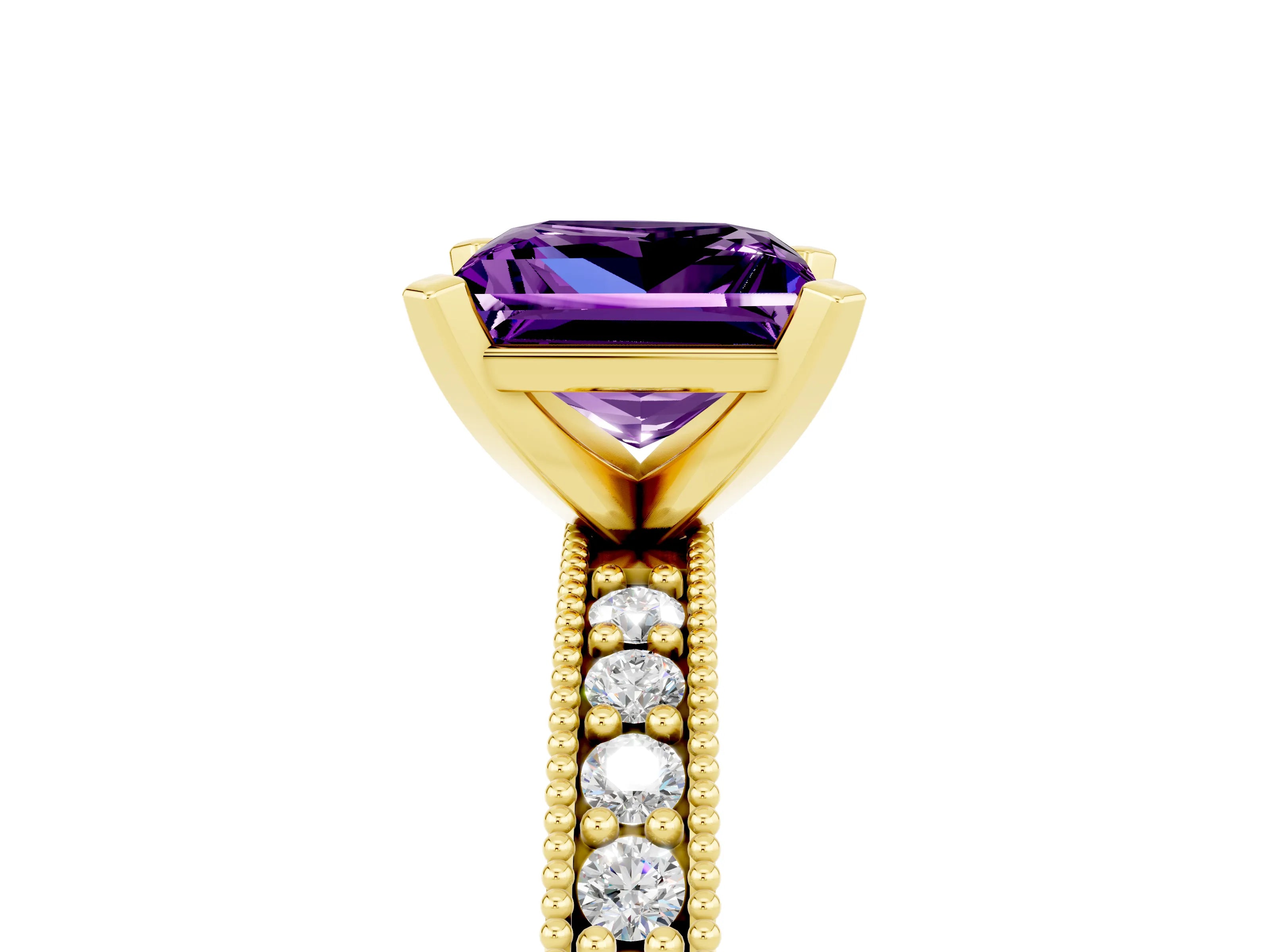 Yellow gold Princess Cut Amethyst Milgrain Pavé Engagement Ring with Four-Prong Setting_17