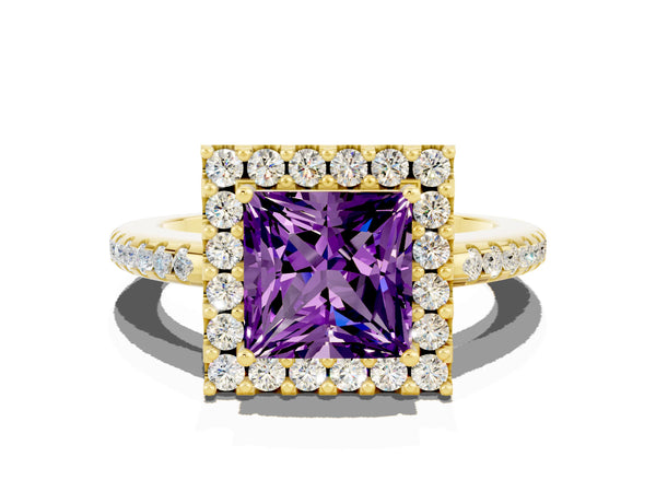 Yellow gold Princess Cut Amethyst Pavé Halo Ring with Four-Prong Setting