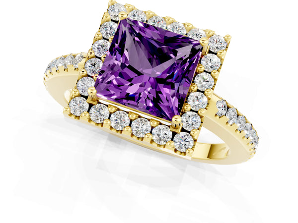 Yellow gold Princess Cut Amethyst Pavé Halo Ring with Four-Prong Setting