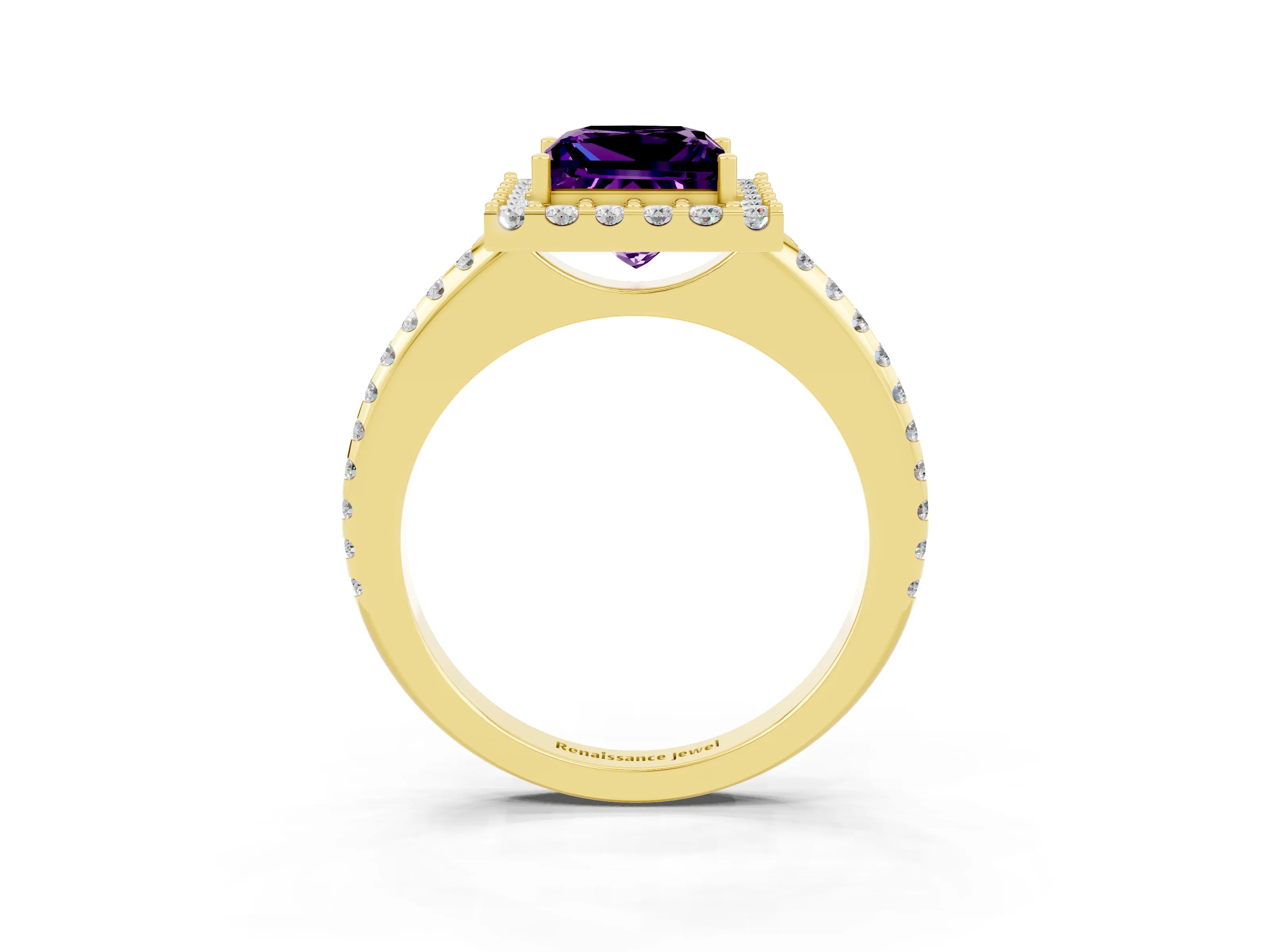 Yellow gold Princess Cut Amethyst Pavé Halo Ring with Four-Prong Setting_37