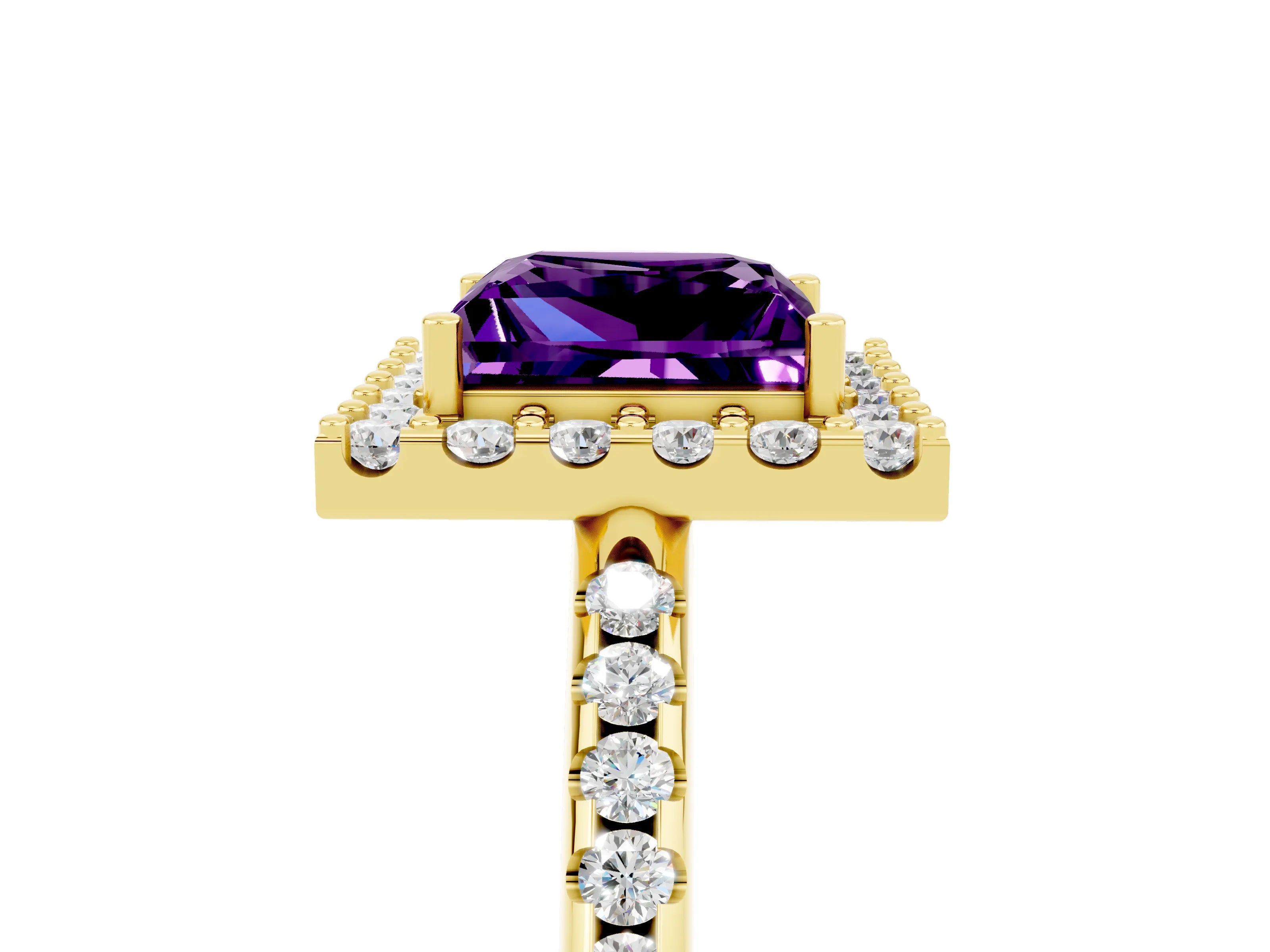 Yellow gold Princess Cut Amethyst Pavé Halo Ring with Four-Prong Setting_39