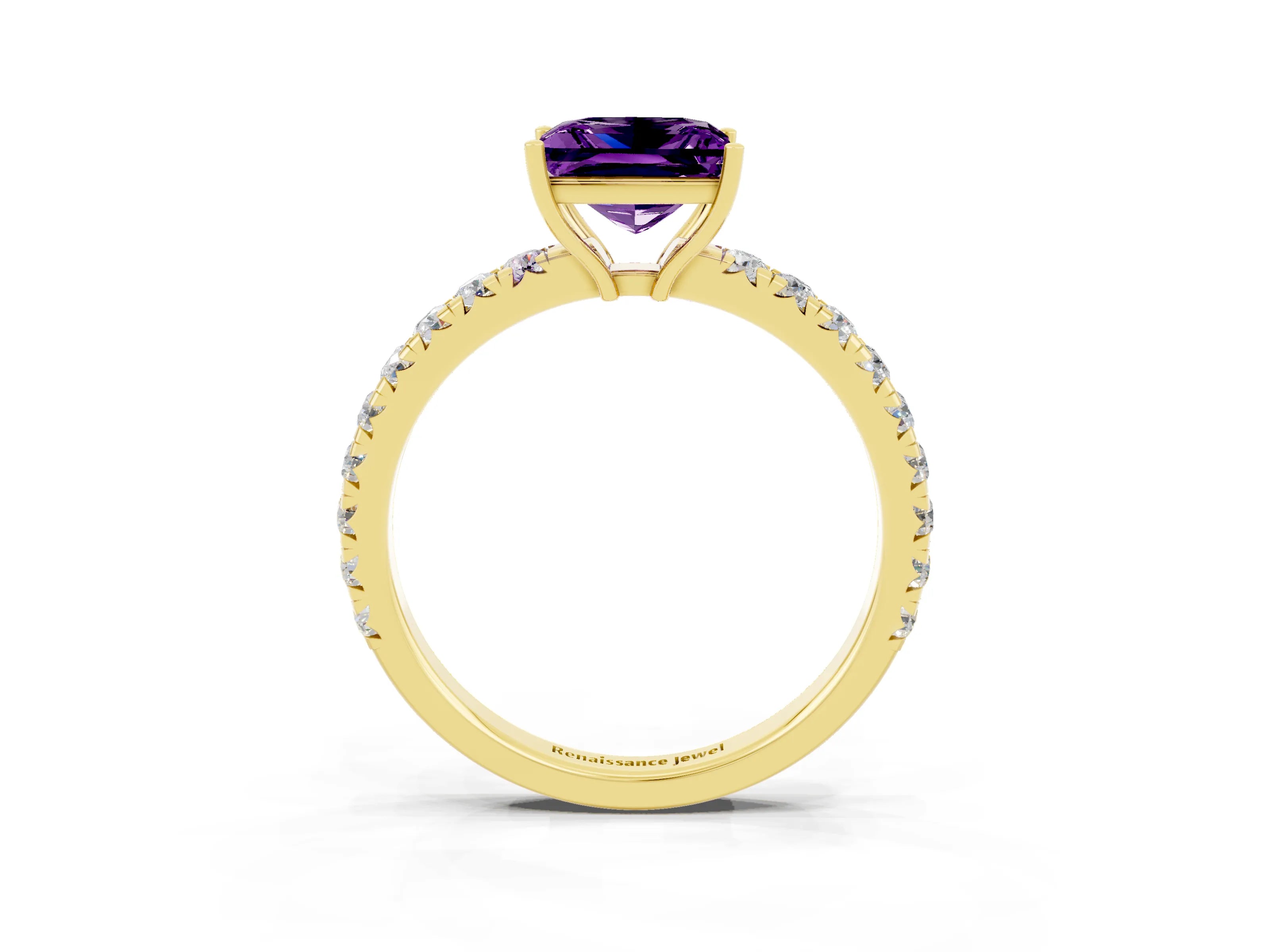 Yellow gold Princess Cut Amethyst Pavé Solitaire Engagement Ring with Four-Prong Setting_15