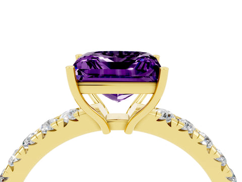 Yellow gold Princess Cut Amethyst Pavé Solitaire Engagement Ring with Four-Prong Setting_16