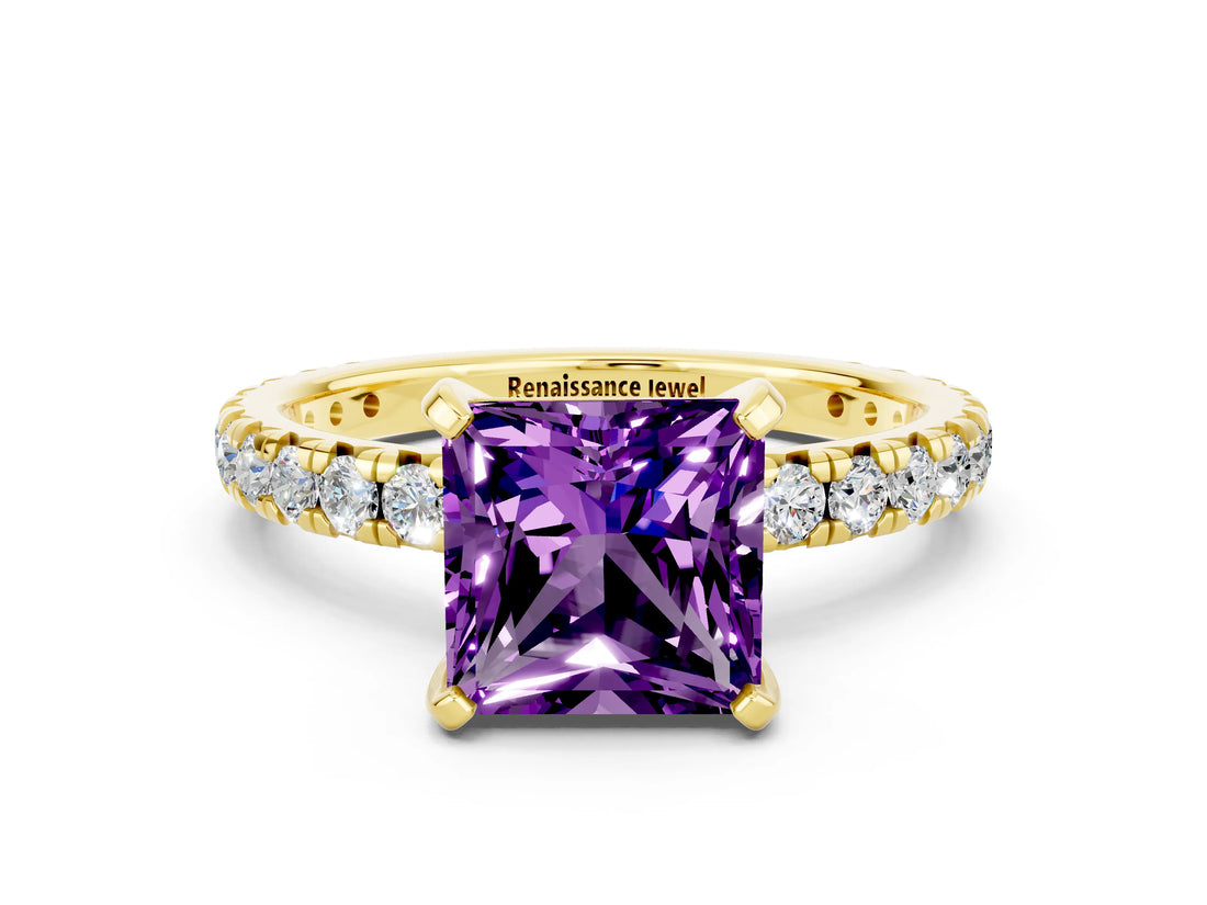Yellow gold Princess Cut Amethyst Pavé Solitaire Ring with Round Band and Prong Setting_24