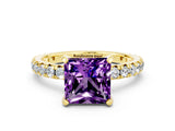 Yellow gold Princess Cut Amethyst Pavé Solitaire Ring with Round Band and Prong Setting_24