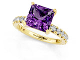 Yellow gold Princess Cut Amethyst Pavé Solitaire Ring with Round Band and Prong Setting_25