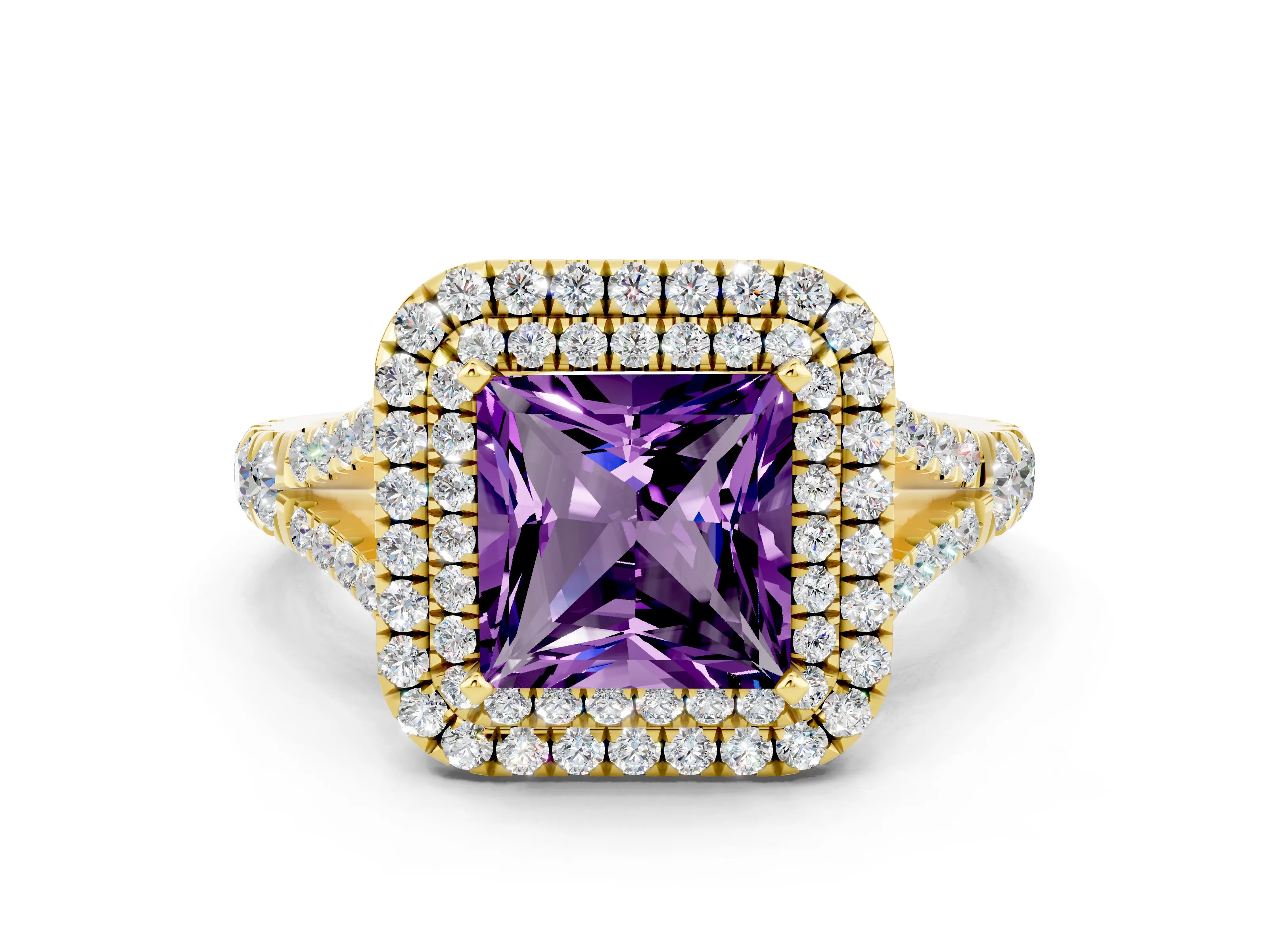 Yellow gold Princess Cut Amethyst Pavé Split Shank Double Halo Engagement Ring