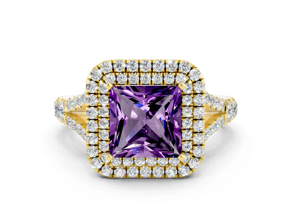 Yellow gold Princess Cut Amethyst Pavé Split Shank Double Halo Engagement Ring