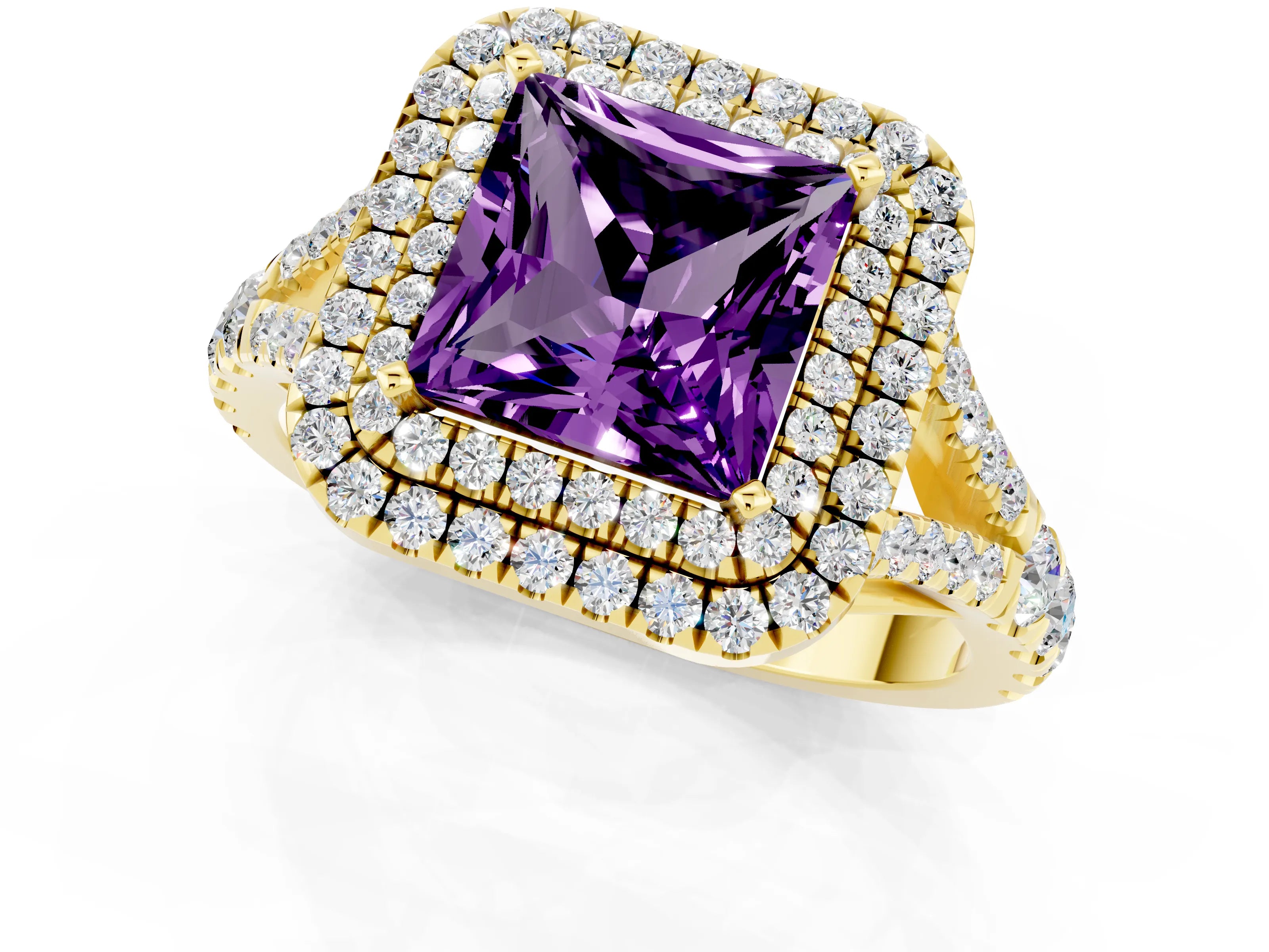 Yellow gold Princess Cut Amethyst Pavé Split Shank Double Halo Engagement Ring_1
