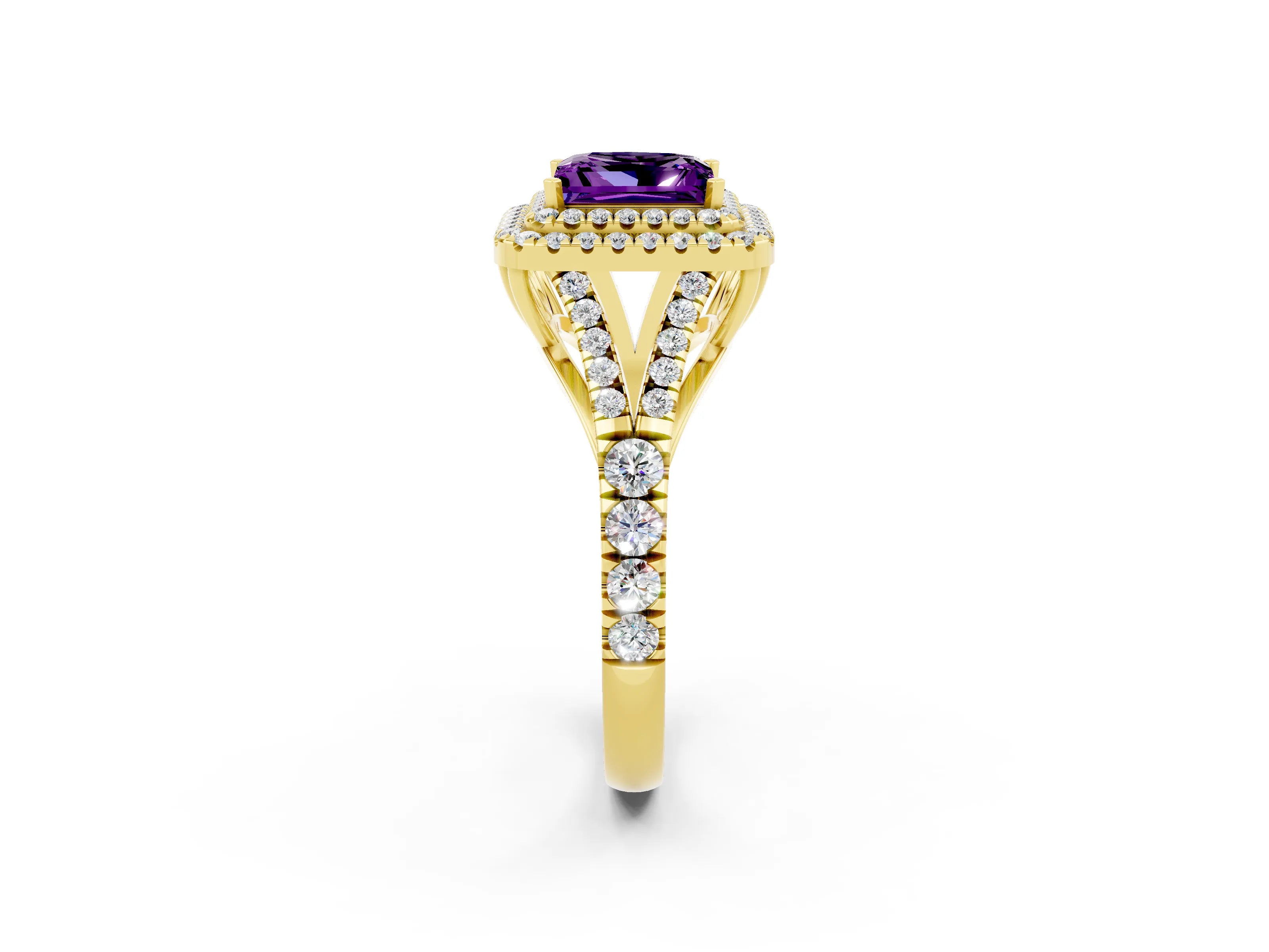Yellow gold Princess Cut Amethyst Pavé Split Shank Double Halo Engagement Ring_2