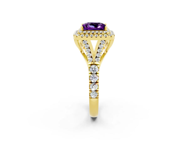 Yellow gold Princess Cut Amethyst Pavé Split Shank Double Halo Engagement Ring