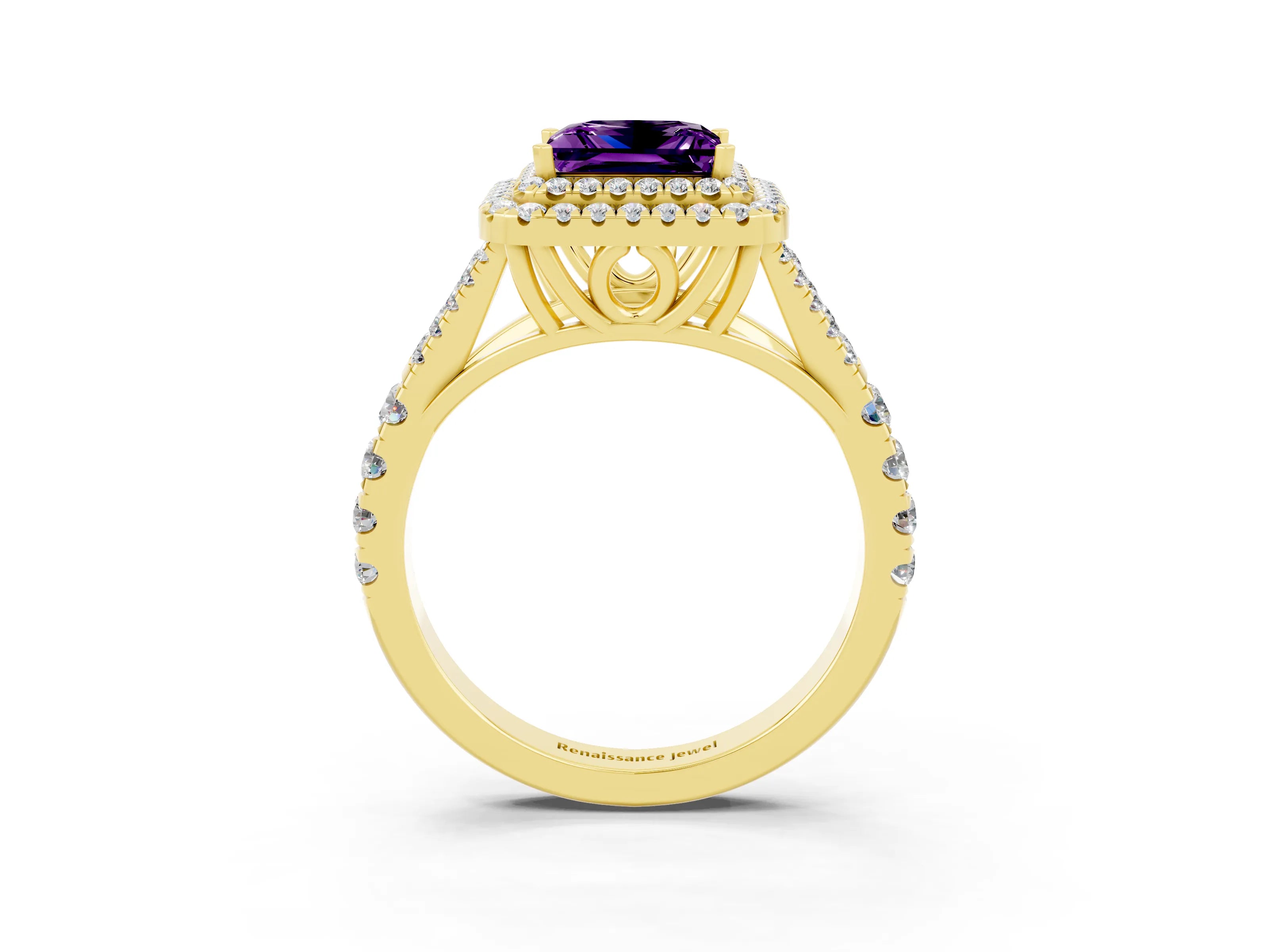 Yellow gold Princess Cut Amethyst Pavé Split Shank Double Halo Engagement Ring_3