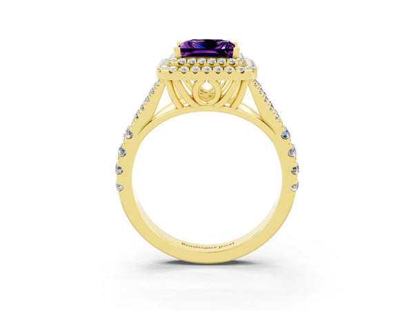 Yellow gold Princess Cut Amethyst Pavé Split Shank Double Halo Engagement Ring