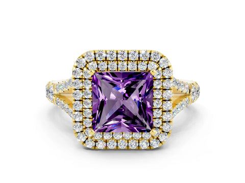 Yellow gold Princess Cut Amethyst Pavé Split Shank Double Halo Engagement Ring