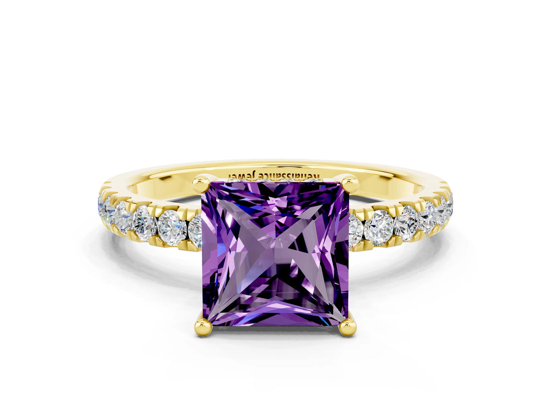 Yellow gold Princess Cut Amethyst Pave Band Solitaire Ring with Four-Prong Setting_24