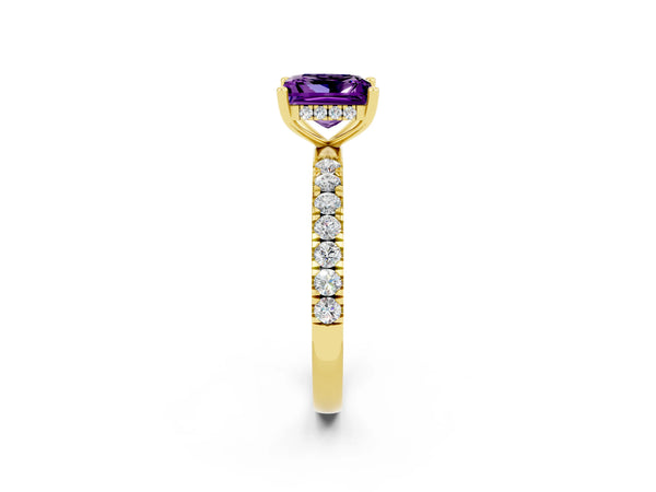 Yellow gold Princess Cut Amethyst Pave Band Solitaire Ring with Round  and Prong Setting