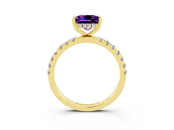 Yellow gold Princess Cut Amethyst Pave Band Solitaire Ring with Round  and Prong Setting