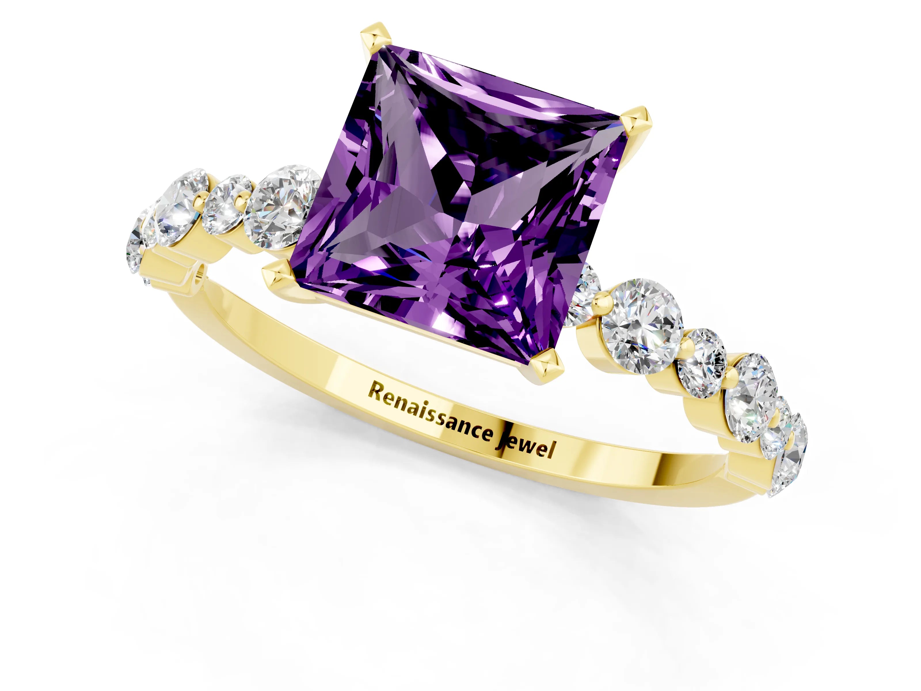 Yellow gold Princess Cut Amethyst Prong Set Engagement Ring with Pavé Band_1
