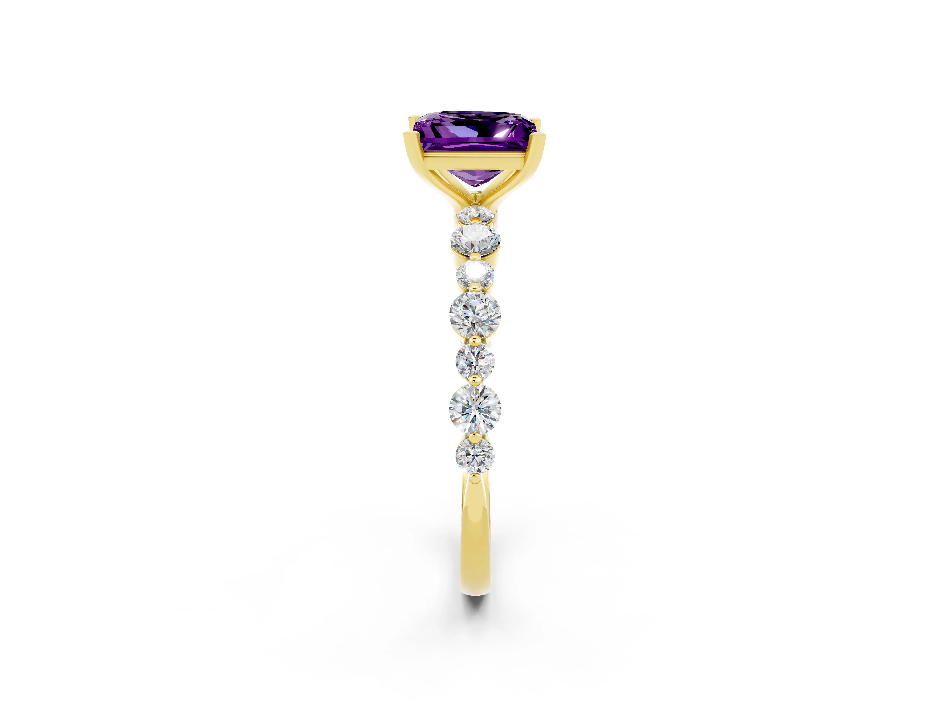 Yellow gold Princess Cut Amethyst Prong Set Engagement Ring with Pavé Band_2