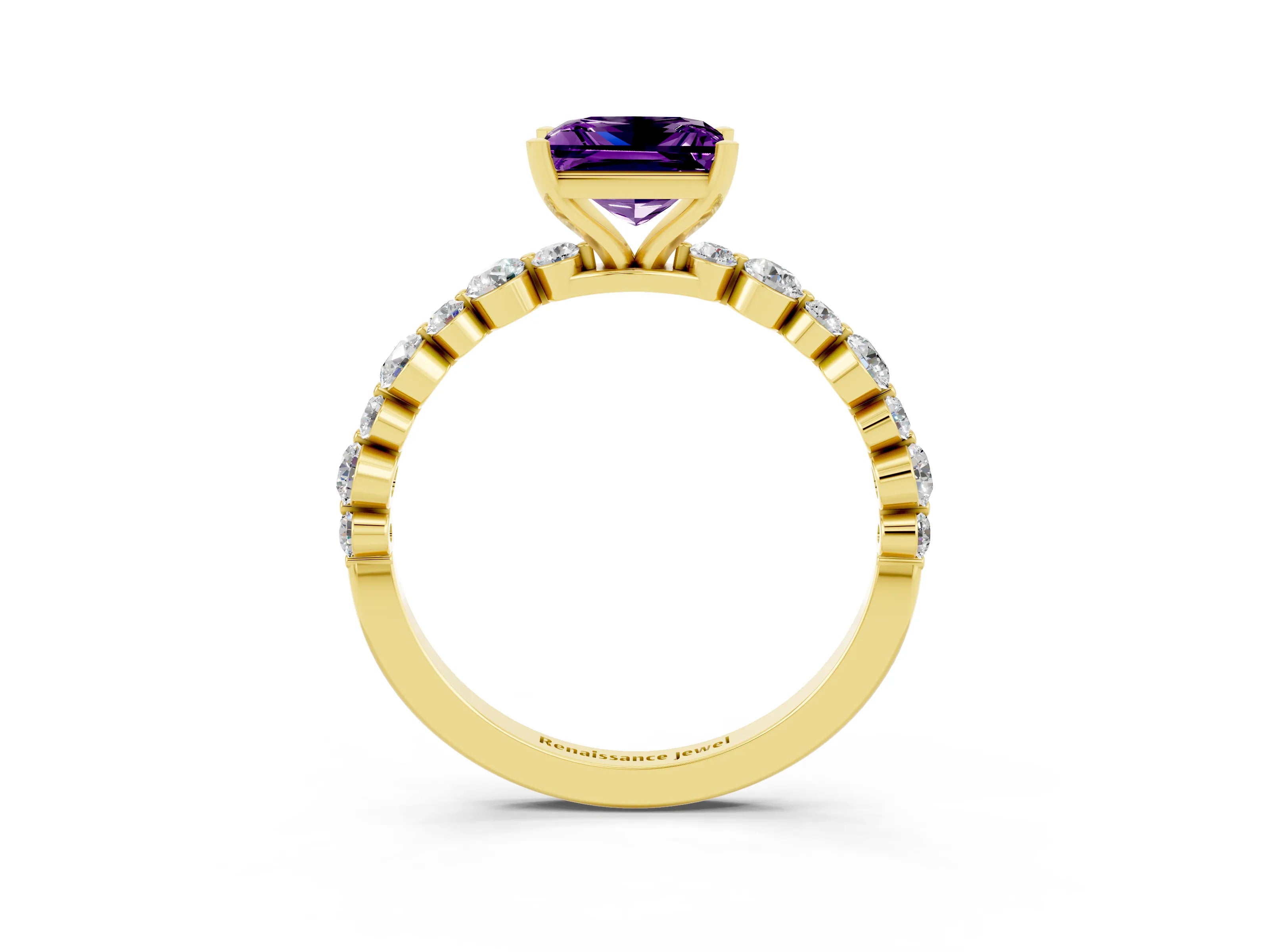 Yellow gold Princess Cut Amethyst Prong Set Engagement Ring with Pavé Band_3
