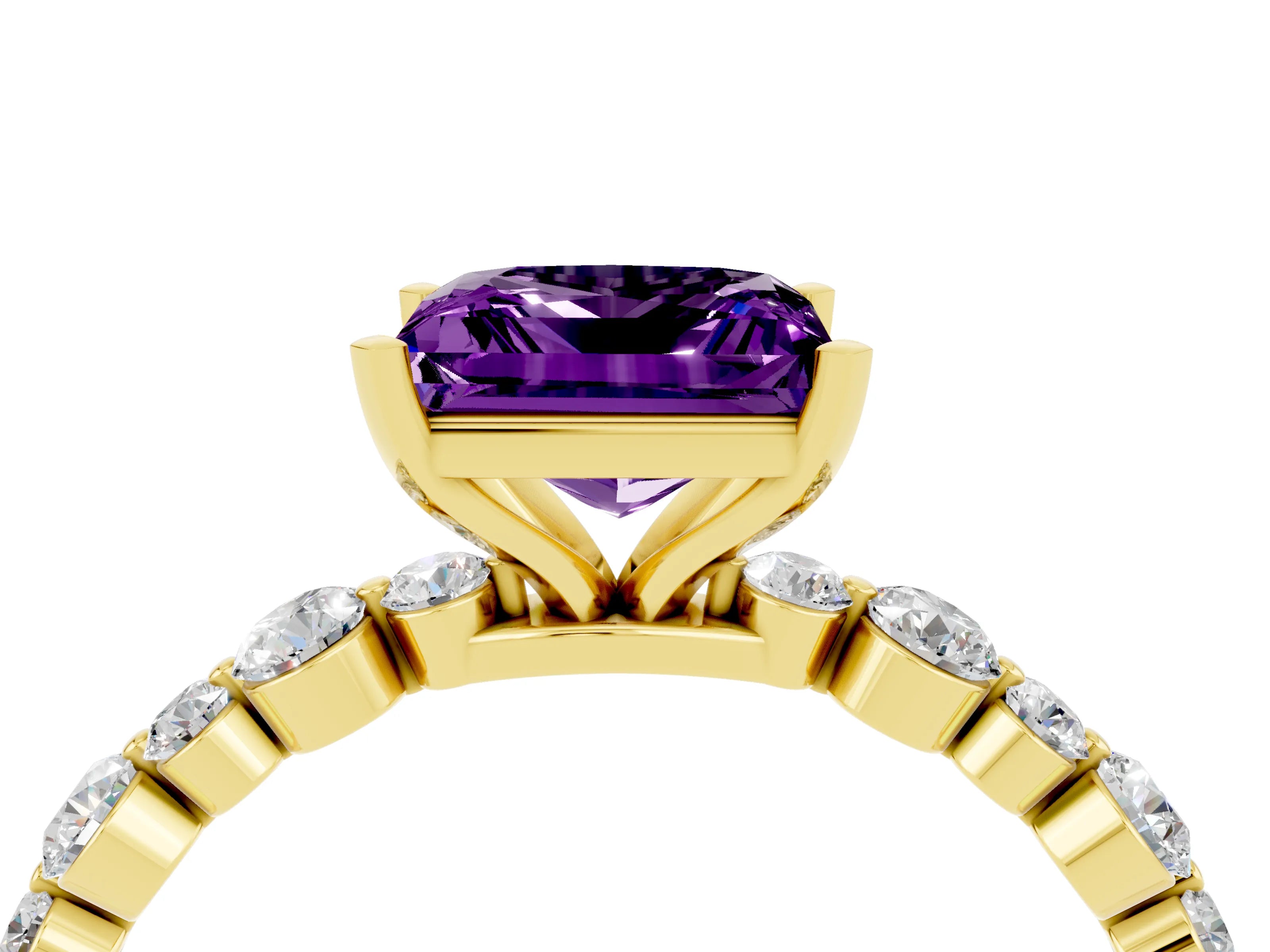 Yellow gold Princess Cut Amethyst Prong Set Engagement Ring with Pavé Band_4