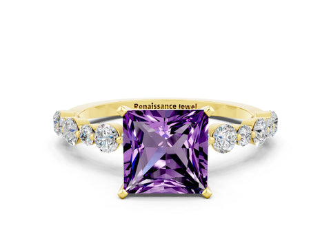 Yellow gold Princess Cut Amethyst Prong Set Engagement Ring with Pavé Band