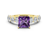 Yellow gold Princess Cut Amethyst Prong Setting with Side Stones on a Pave Band