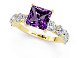 Yellow gold Princess Cut Amethyst Prong Setting with Side Stones on a Pave Band_1