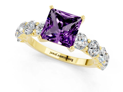 Yellow gold Princess Cut Amethyst Prong Setting with Side Stones on a Pave Band_1
