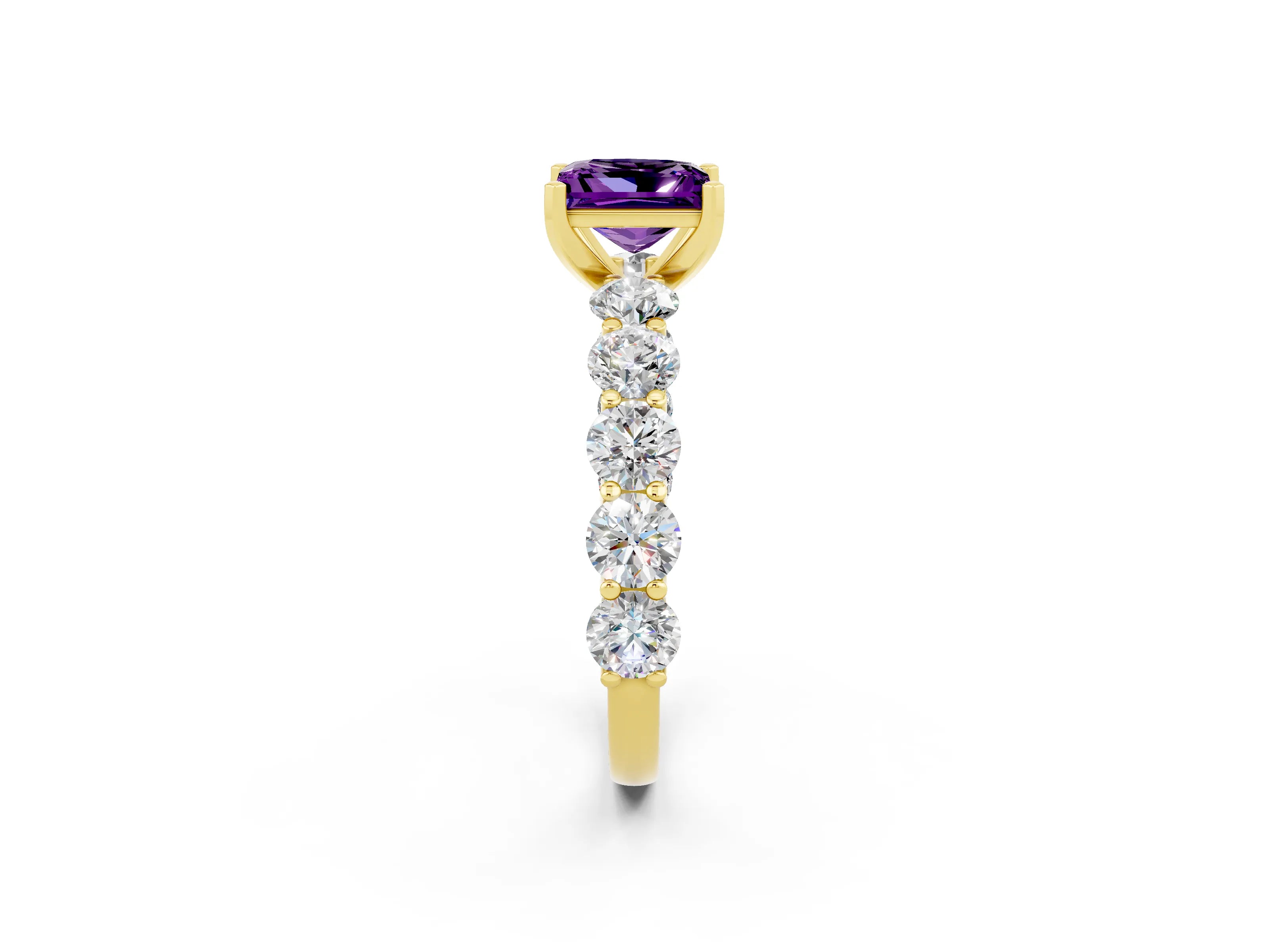 Yellow gold Princess Cut Amethyst Prong Setting with Side Stones on a Pave Band_2