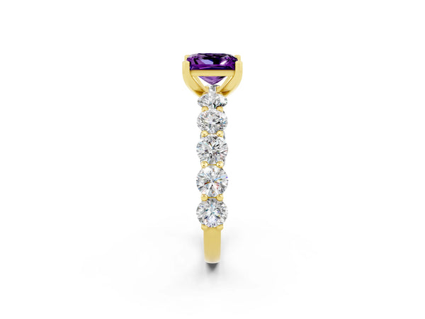 Yellow gold Princess Cut Amethyst Prong Setting with Side Stones on a Pave Band