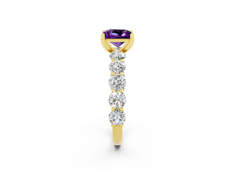 Yellow gold Princess Cut Amethyst Prong Setting with Side Stones on a Pave Band_2