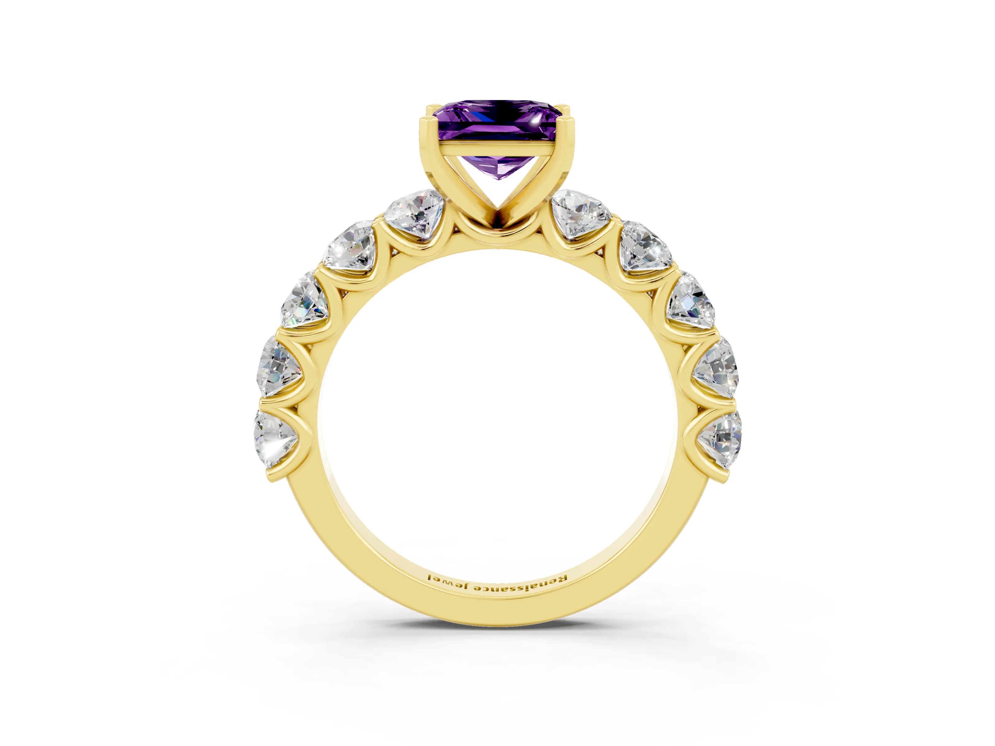 Yellow gold Princess Cut Amethyst Prong Setting with Side Stones on a Pave Band_3