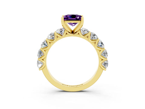 Yellow gold Princess Cut Amethyst Prong Setting with Side Stones on a Pave Band_3