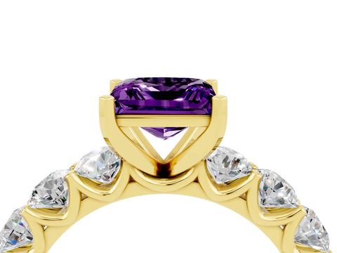 Yellow gold Princess Cut Amethyst Prong Setting with Side Stones on a Pave Band_4