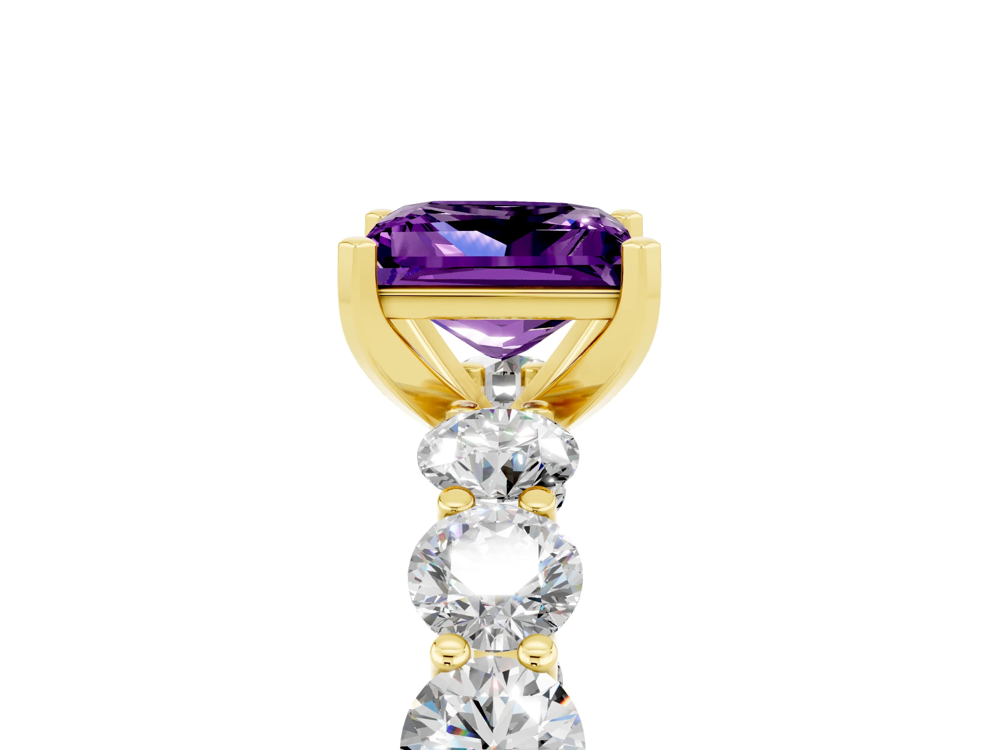 Yellow gold Princess Cut Amethyst Prong Setting with Side Stones on a Pave Band_5