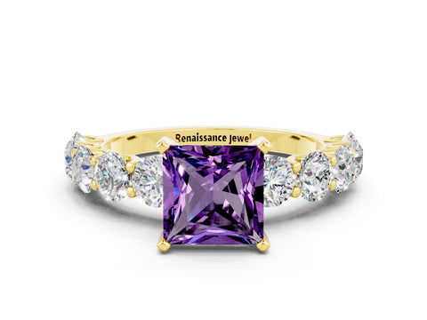 Yellow gold Princess Cut Amethyst Prong Setting with Side Stones on a Pave Band